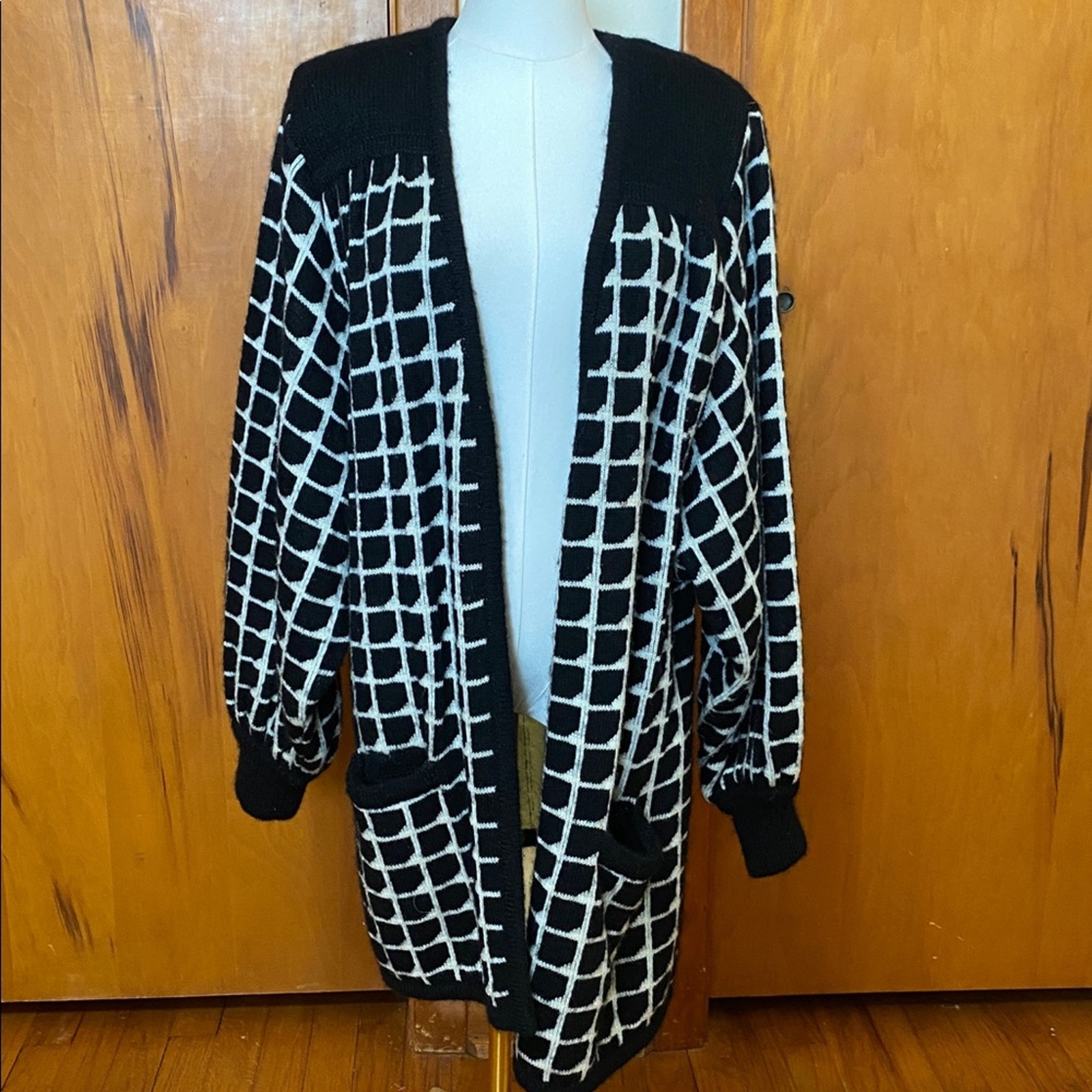 Vtg Jm Joss Mohair Wool Blend Black White Grid Pattern Open Cardigan Sweater